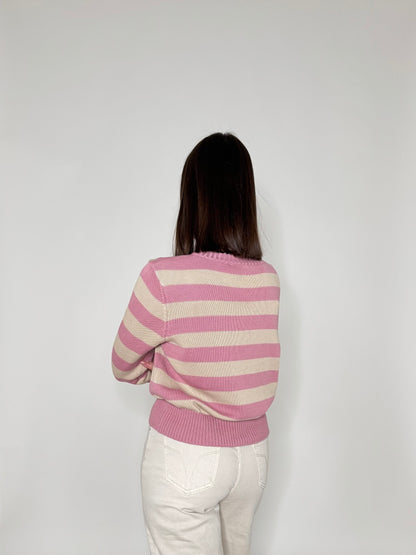 Maglia girocollo a righe in 100% cotone Rosa/beige