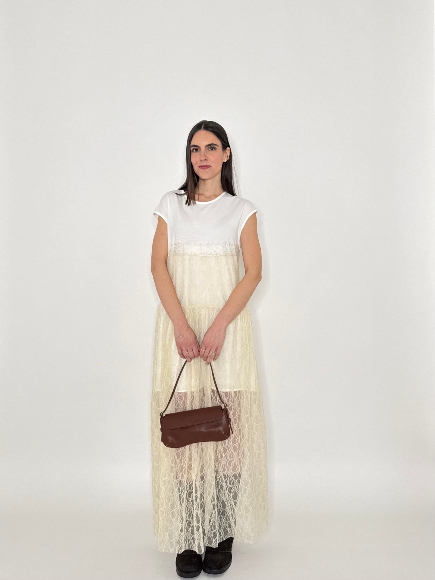 Abito lungo pizzo in cotone Crema/Bianco