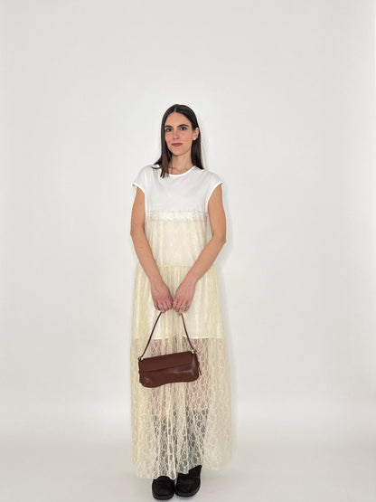 Abito lungo pizzo in cotone Crema/Bianco