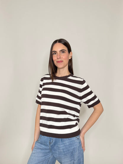 Maglia girocollo a righe manica corta in 100% cotone Moro/Panna