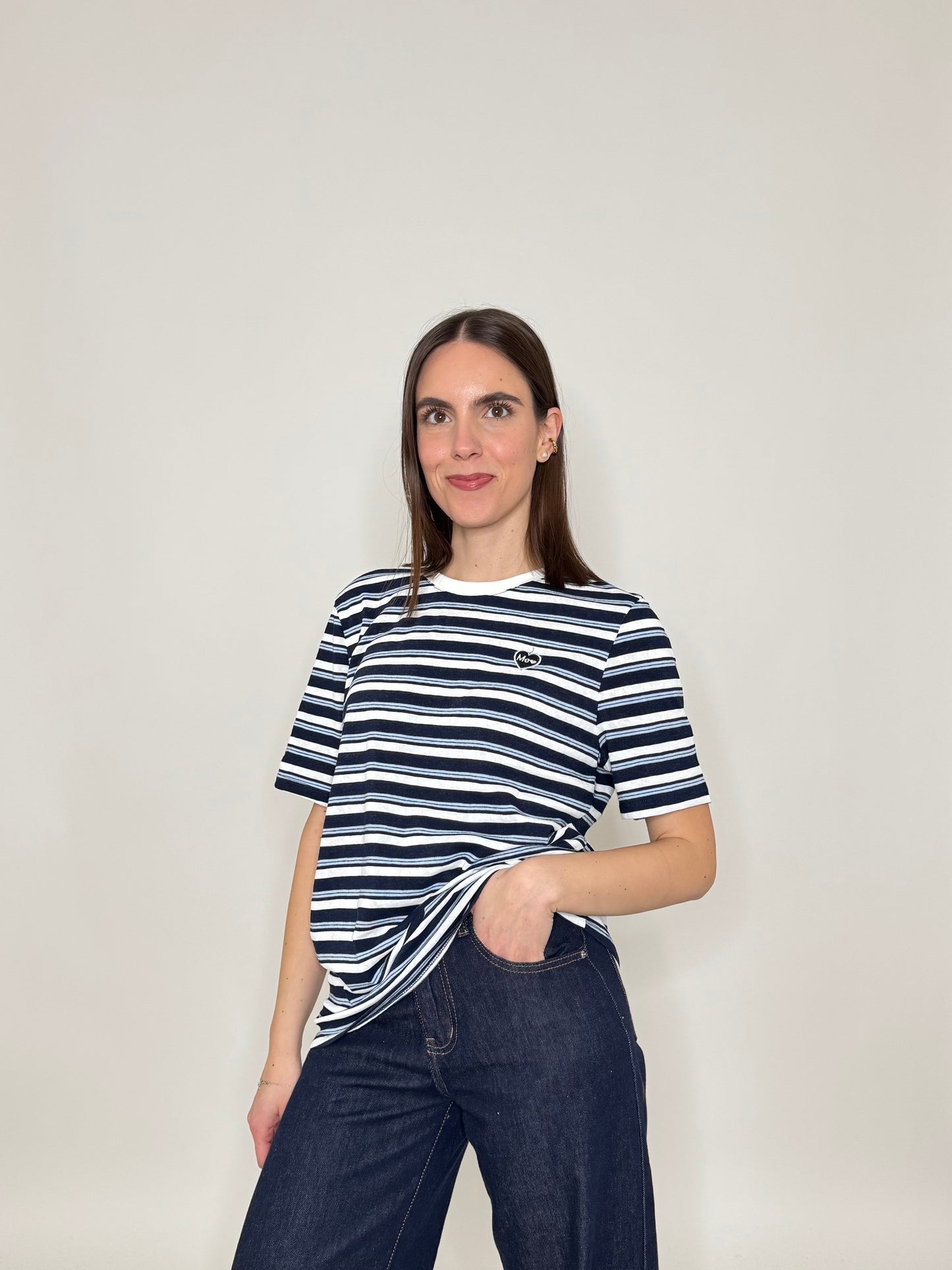 T-shirt righe light cotton con cuore Blu Navy