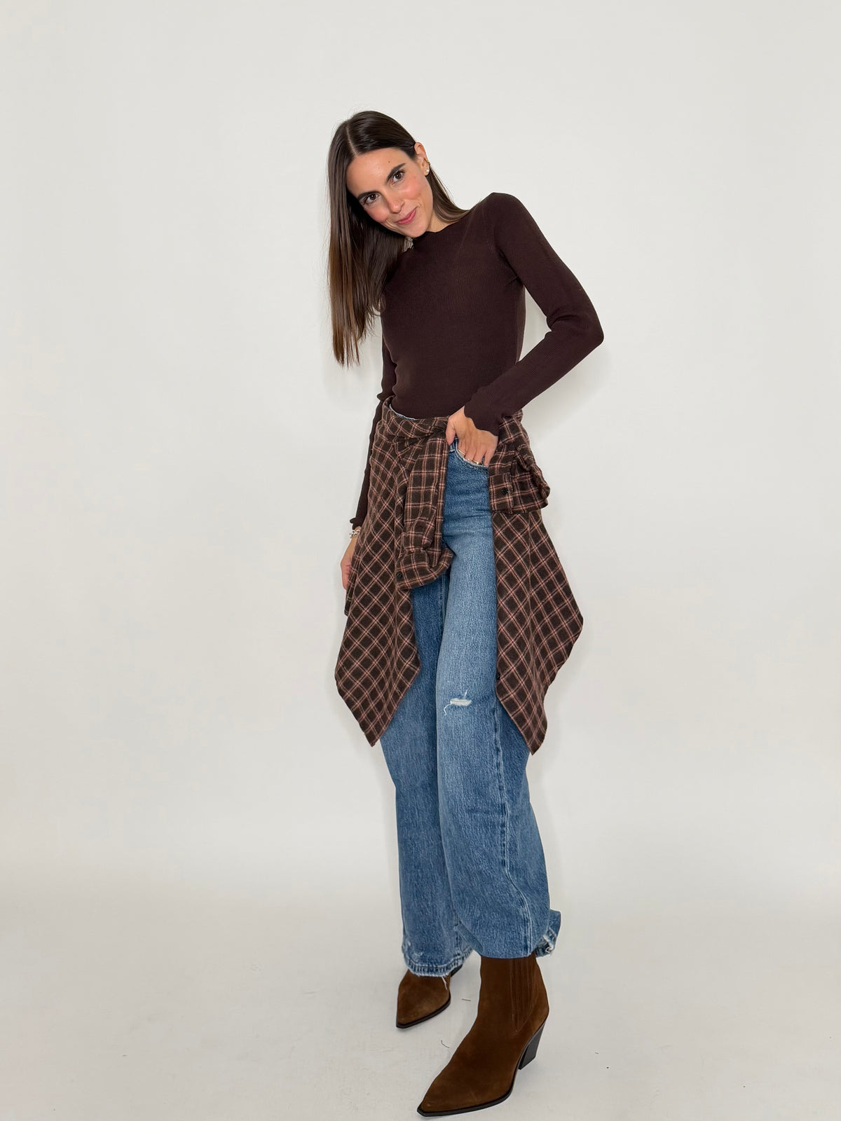 Camicia check vienna in cotone cioccolato/bordeaux
