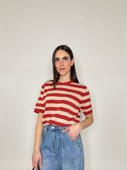 Maglia girocollo a righe manica corta in 100% cotone Mattone/Beige