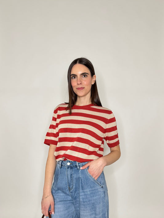 Maglia girocollo a righe manica corta in 100% cotone Mattone/Beige