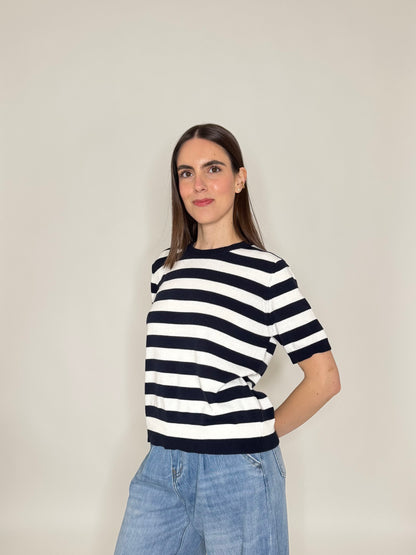 Maglia girocollo a righe manica corta in 100% cotone Blu Navy/Panna