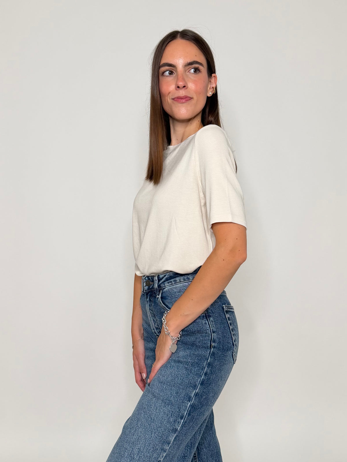 Maglia girocollo basic in viscosa e cotone beige