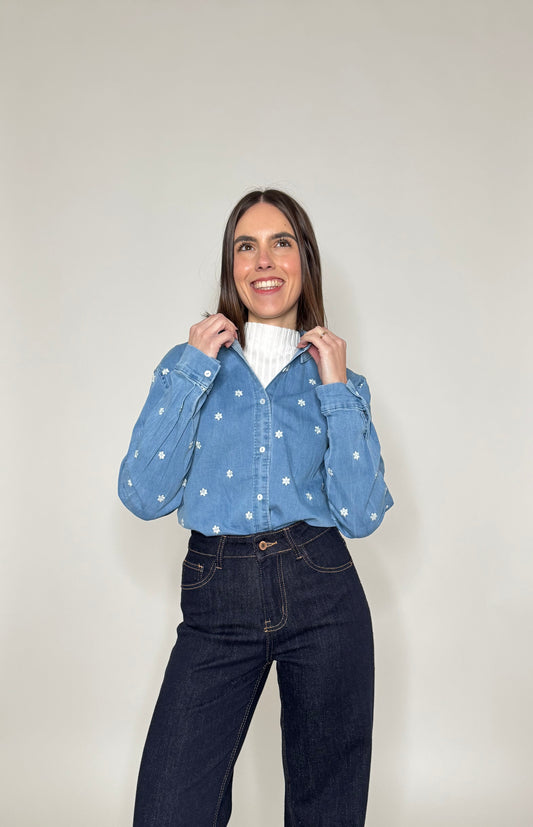 Camicia di jeans con ricami in cotone