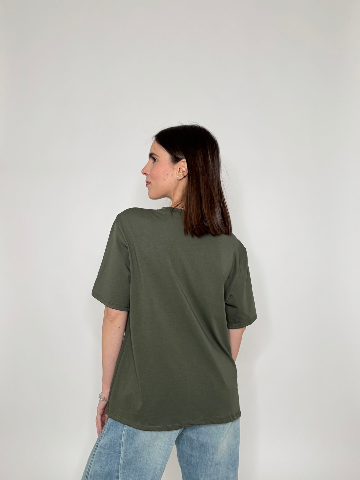 T- shirt in cotone con taschino paillette applicato Verde militare