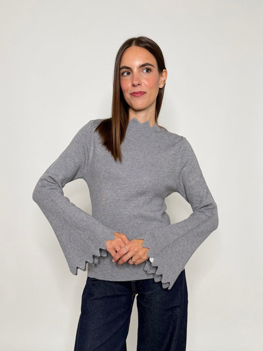 Maglia in morbida viscosa zigzag con manica a campana grigio