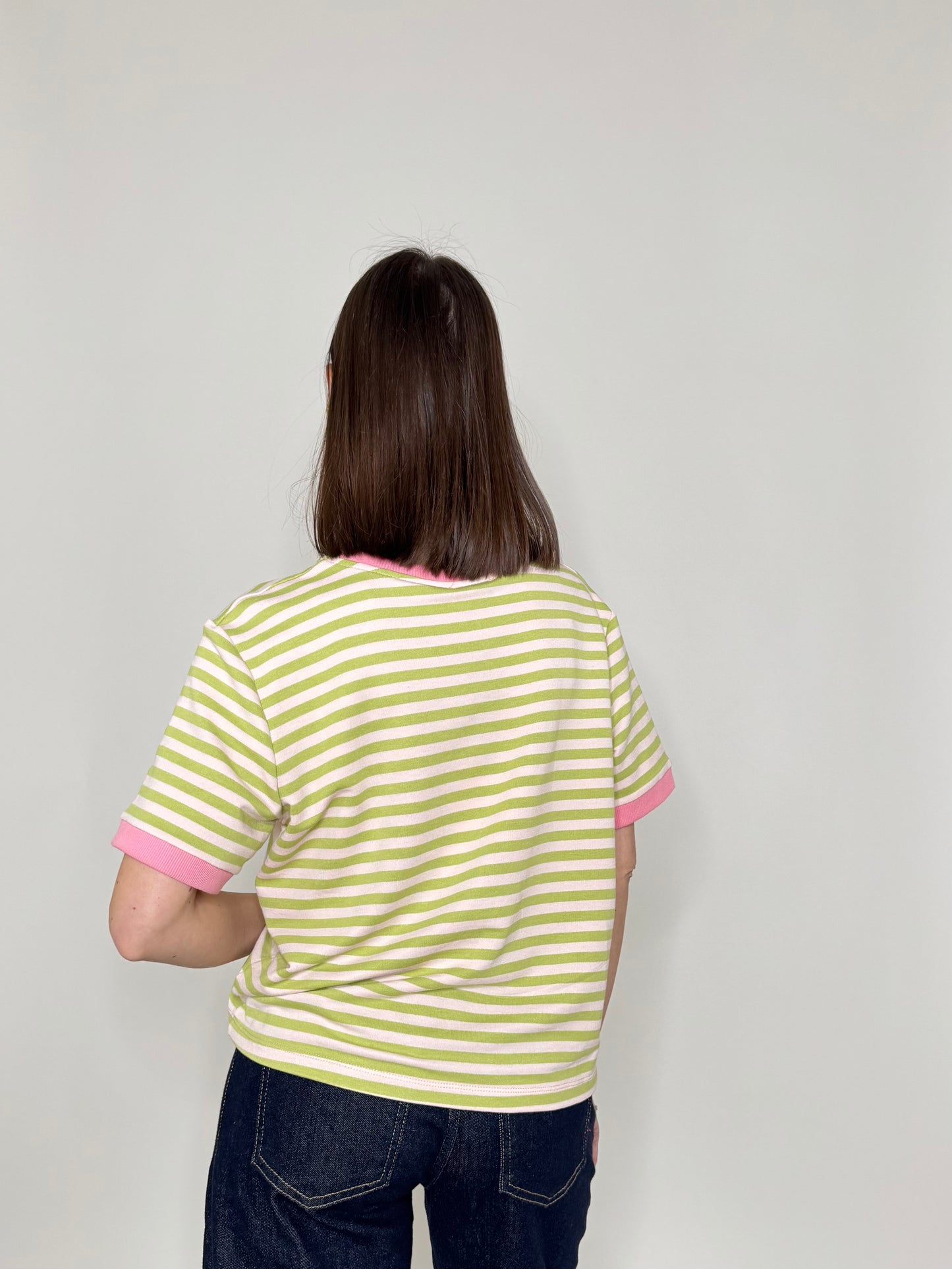 T-shirt a righe in cotone con contrasti Rosa/Verde