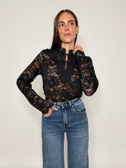 Maglia in pizzo con alamari nera