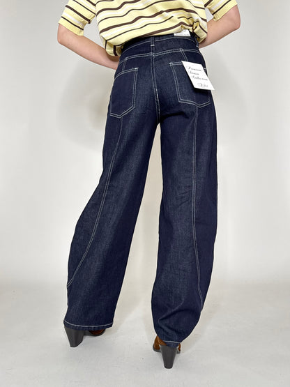 Jeans wide leg barrel con impunture Dark Blu