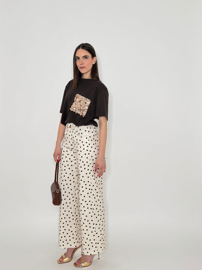 Jeans cinque tasche a pois modello wide leg Bianco/Cioccolato