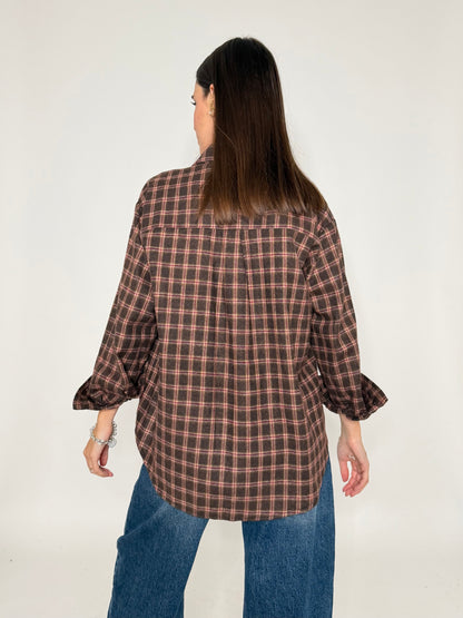 Camicia check vienna in cotone cioccolato/bordeaux