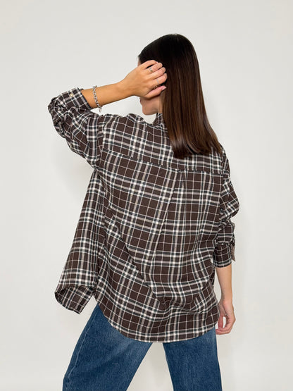 Camicia check in cotone con taschino cioccolato