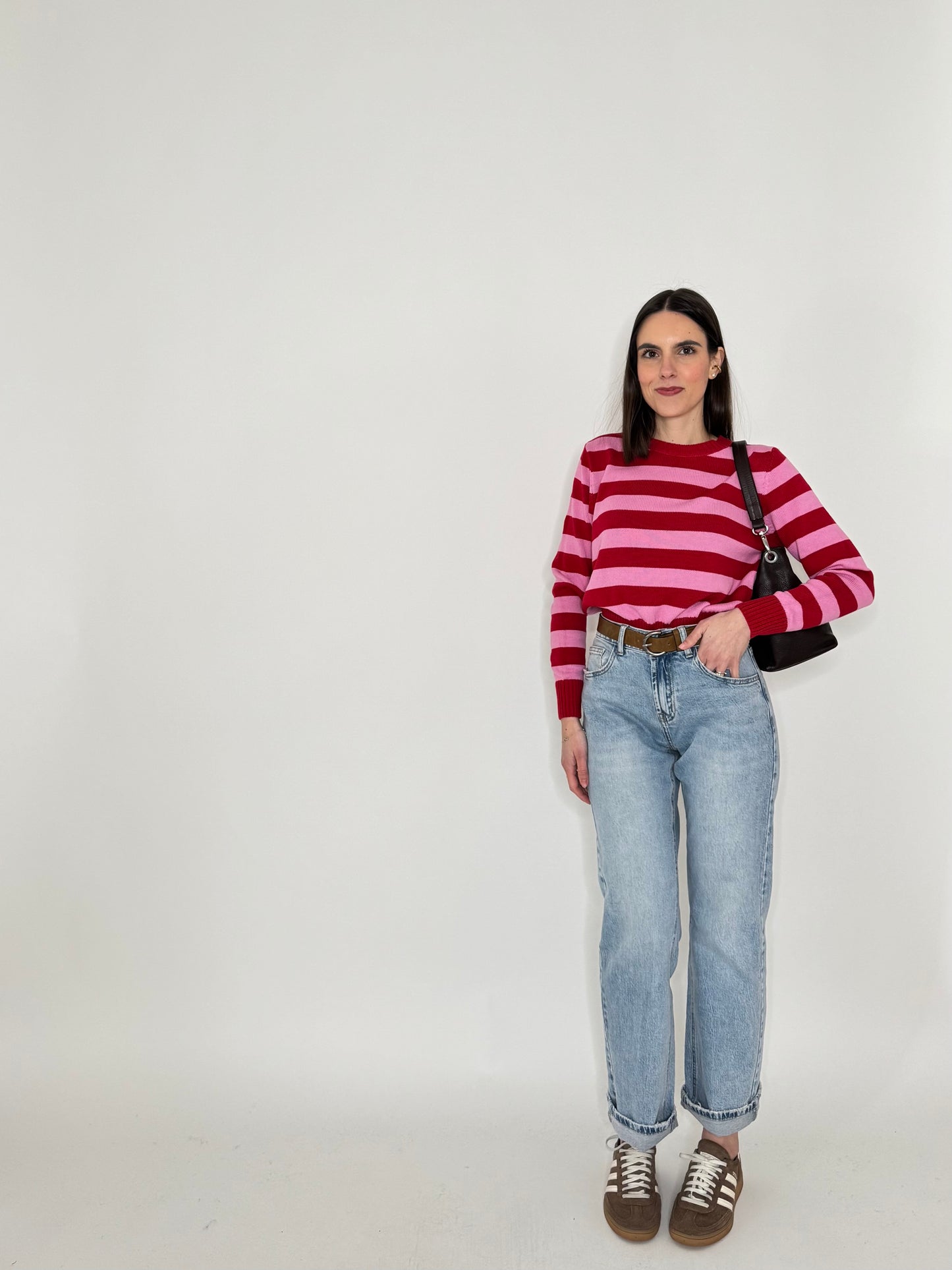 Maglia girocollo a righe in 100% cotone Fragola/Confetto