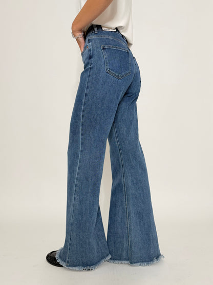 Jeans Wide Leg vita alta sfrangiato in Denim Blu