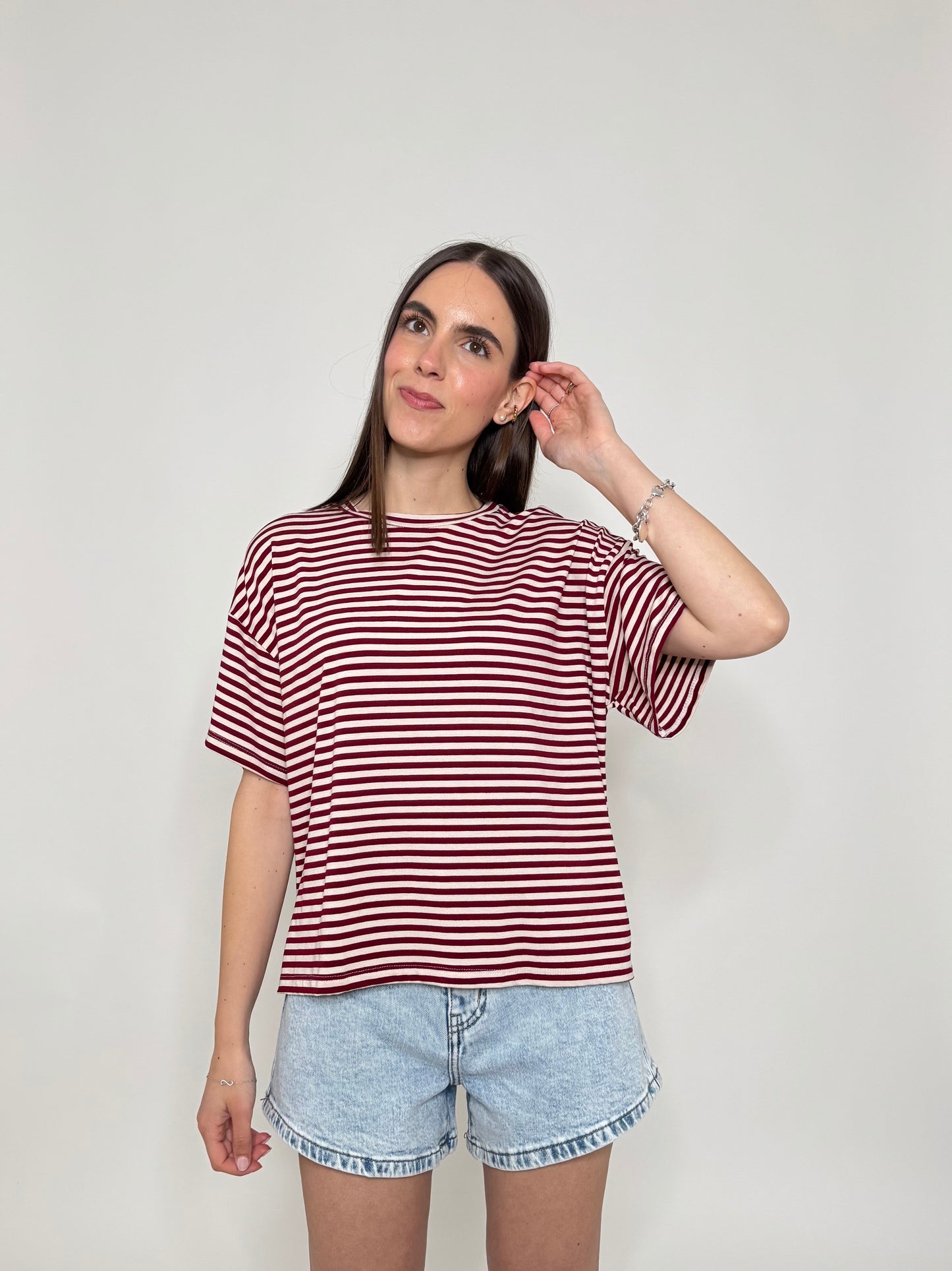 T-shirt a righe in jersey di viscosa Bordeaux/Panna