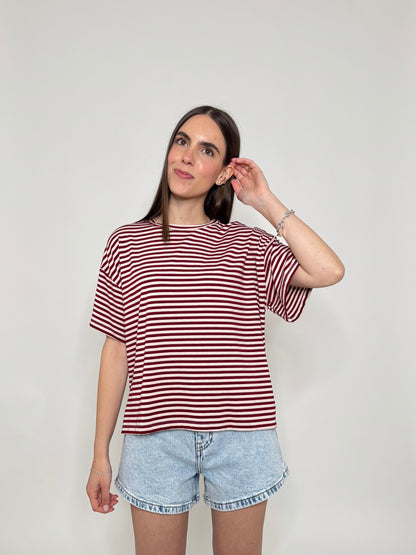 T-shirt a righe in jersey di viscosa Bordeaux/Panna
