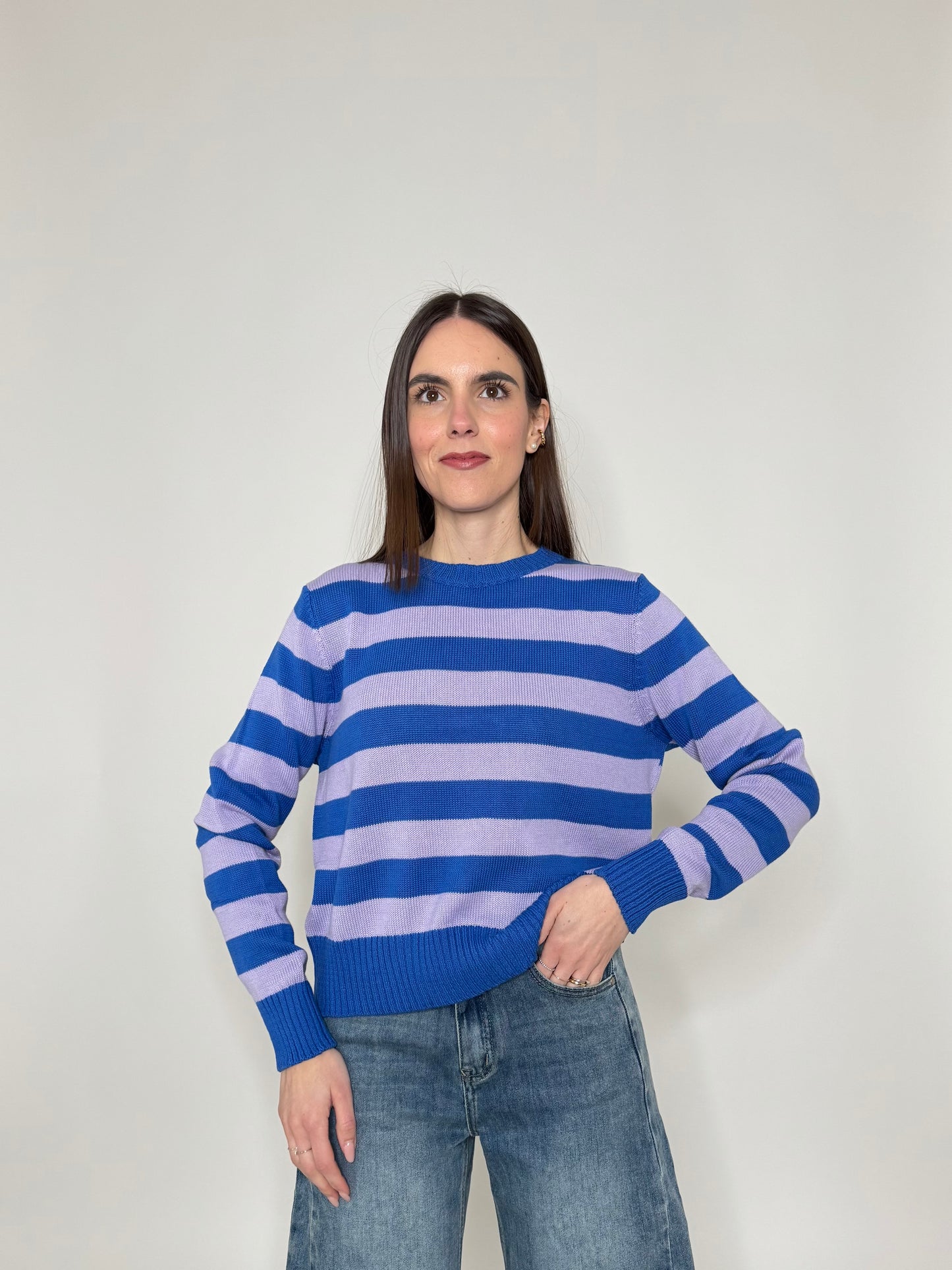 Maglia girocollo a righe in 100% cotone Persia/Lavanda