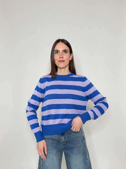 Maglia girocollo a righe in 100% cotone Persia/Lavanda