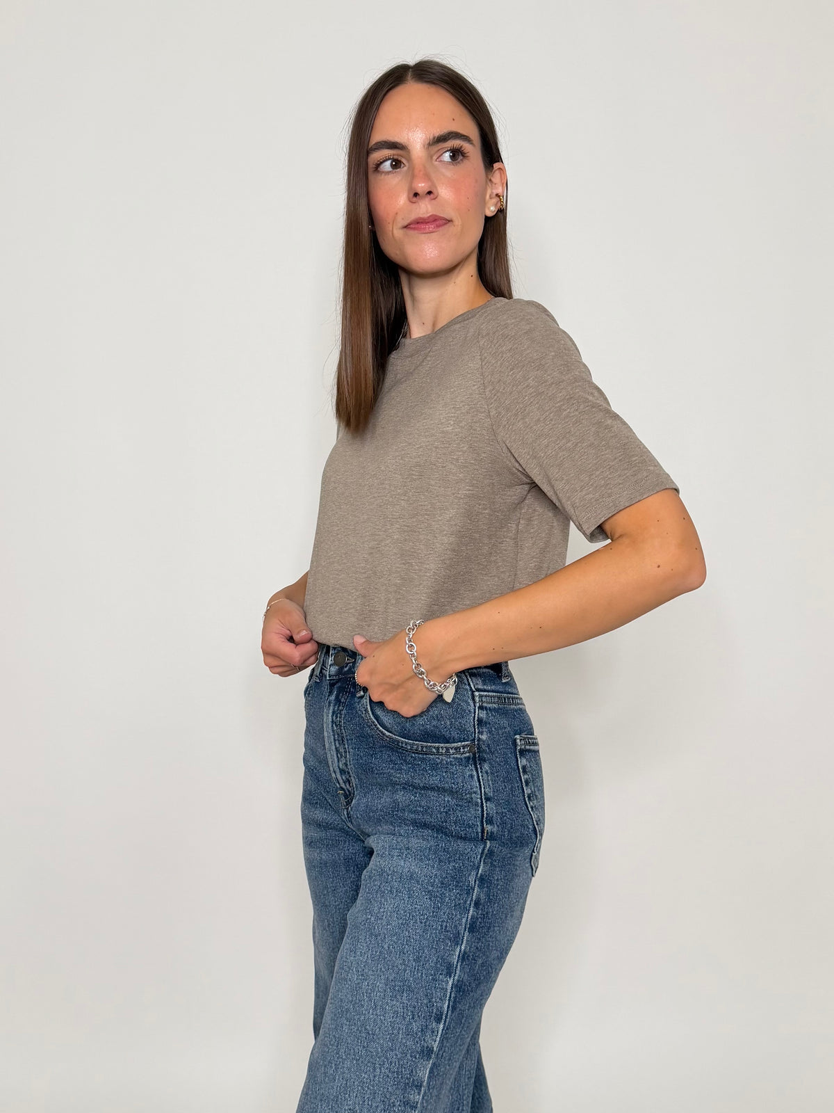 Maglia girocollo basic in viscosa e cotone tortora