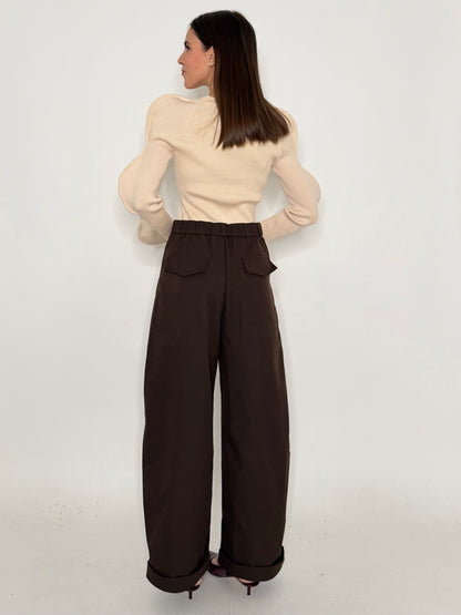 Pantalone cargo wide leg cioccolato