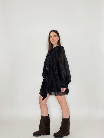 Abito mini in tencel effetto goffrato Nero