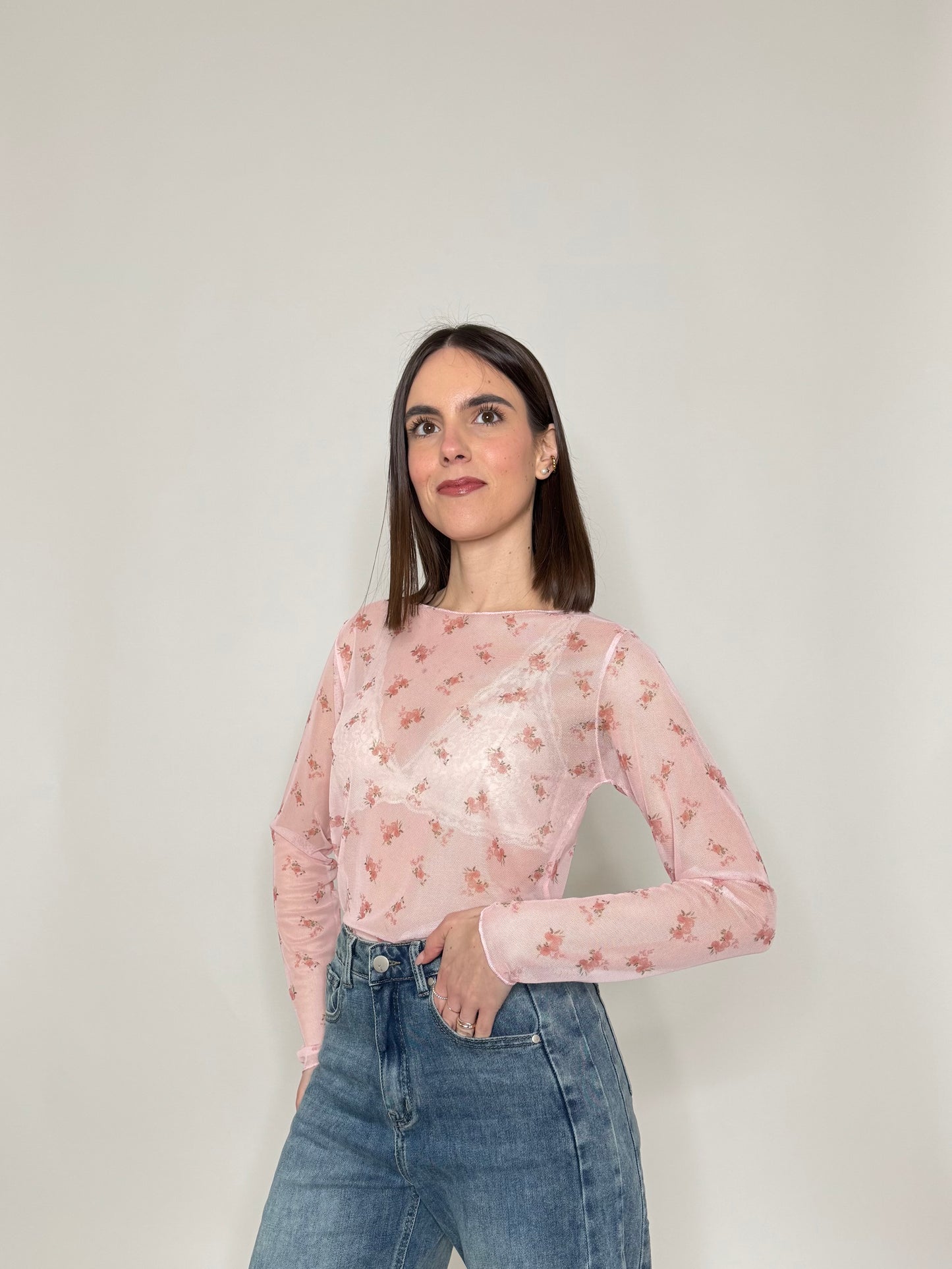 Maglia in tulle con micro fiori Rosa