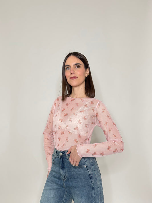 Maglia in tulle con micro fiori Rosa