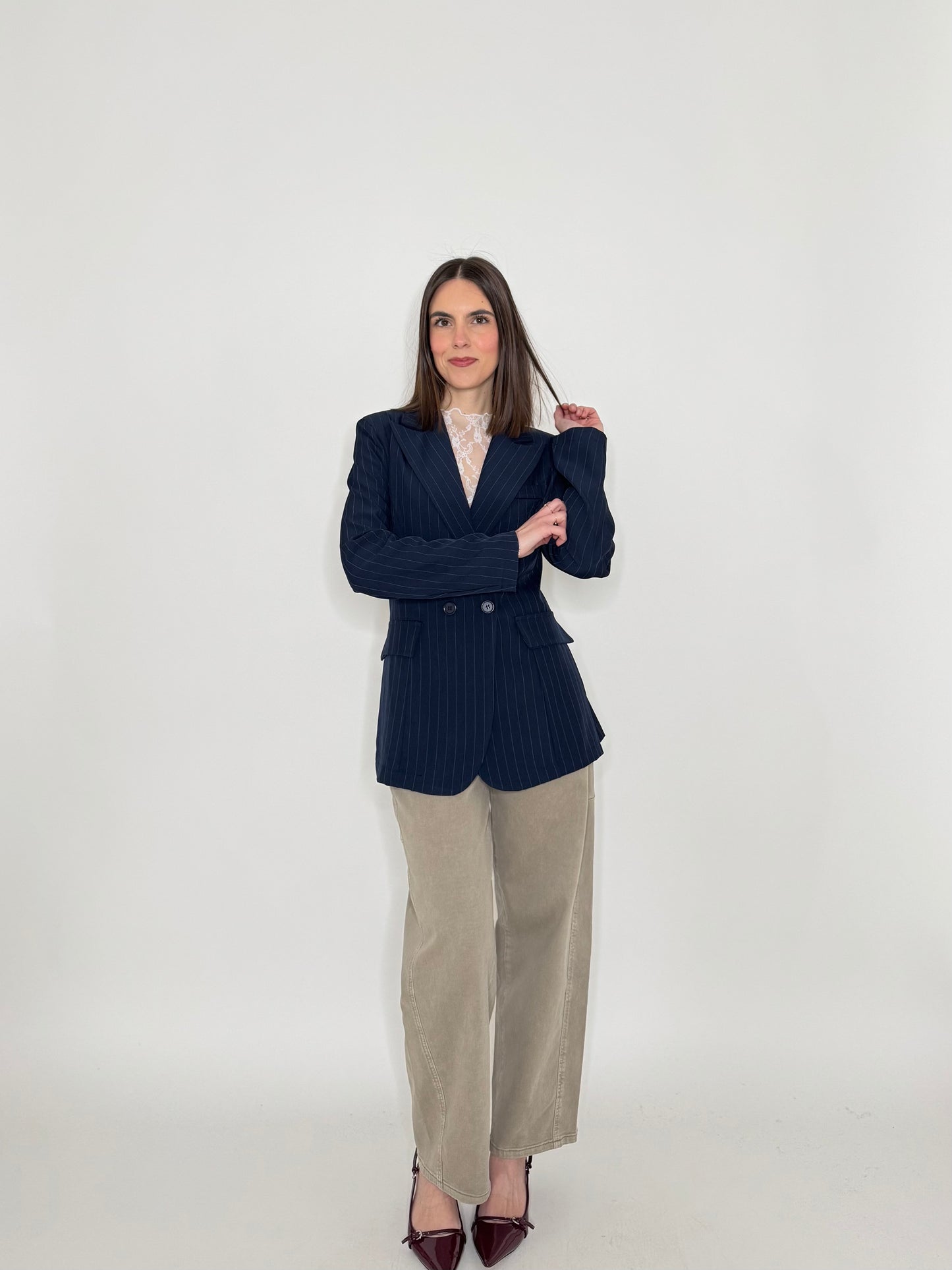 Giacca gessata doppiopetto intreccio Blu Navy