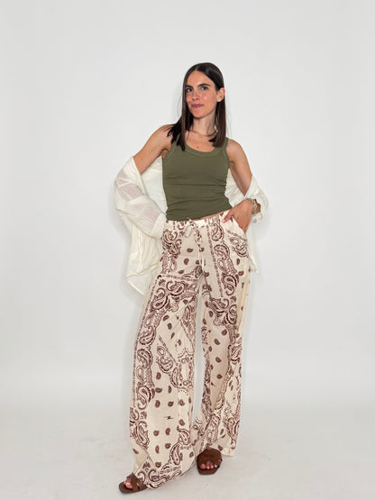 Pantalone in mussola di cotone stampa bandana Panna