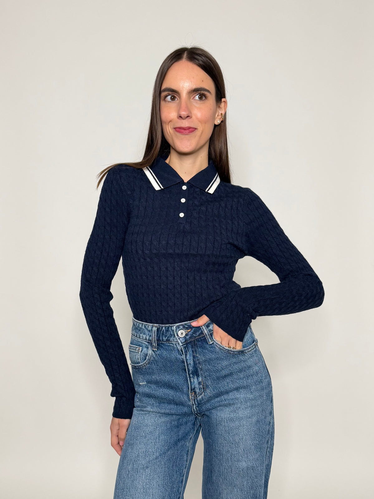Polo in morbida viscosa trecce blu navy