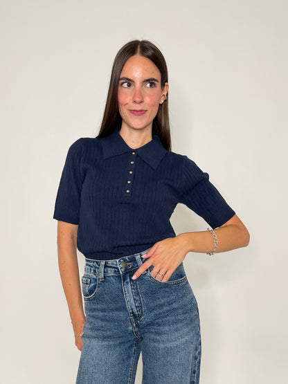 Polo a costine in morbida viscosa blu navy