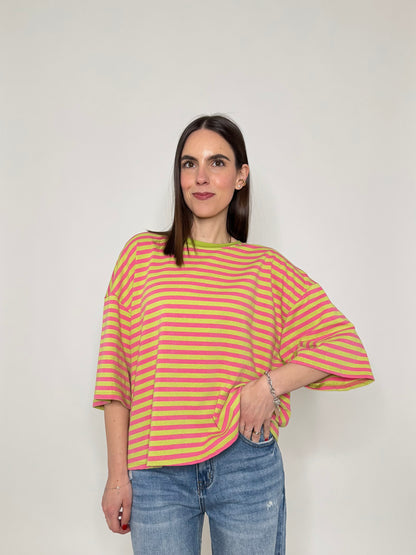 Maglia Felpa a righe light cotton in cotone Verde/Rosa