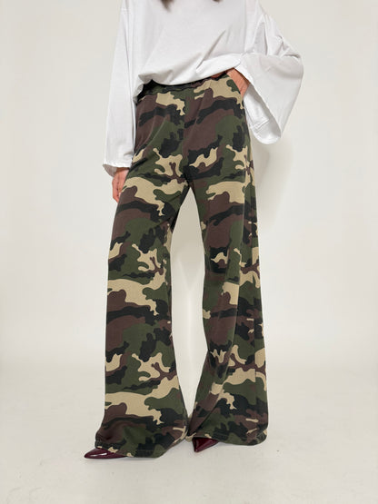 Pantalone palazzo camouflage chiaro in cotone