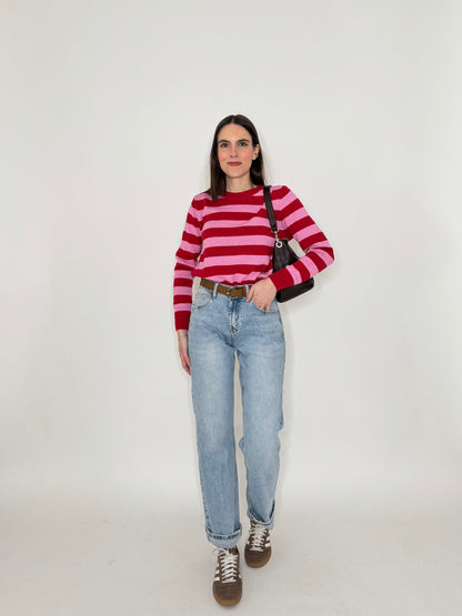 Maglia girocollo a righe in 100% cotone Fragola/Confetto