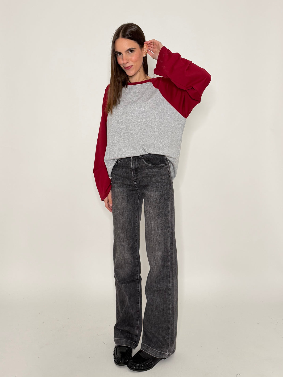 Maglia Baseball Bicolor in cotone con manica a ampia bordeaux/grigio