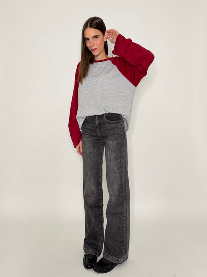 Maglia Baseball Bicolor in cotone con manica a ampia bordeaux/grigio