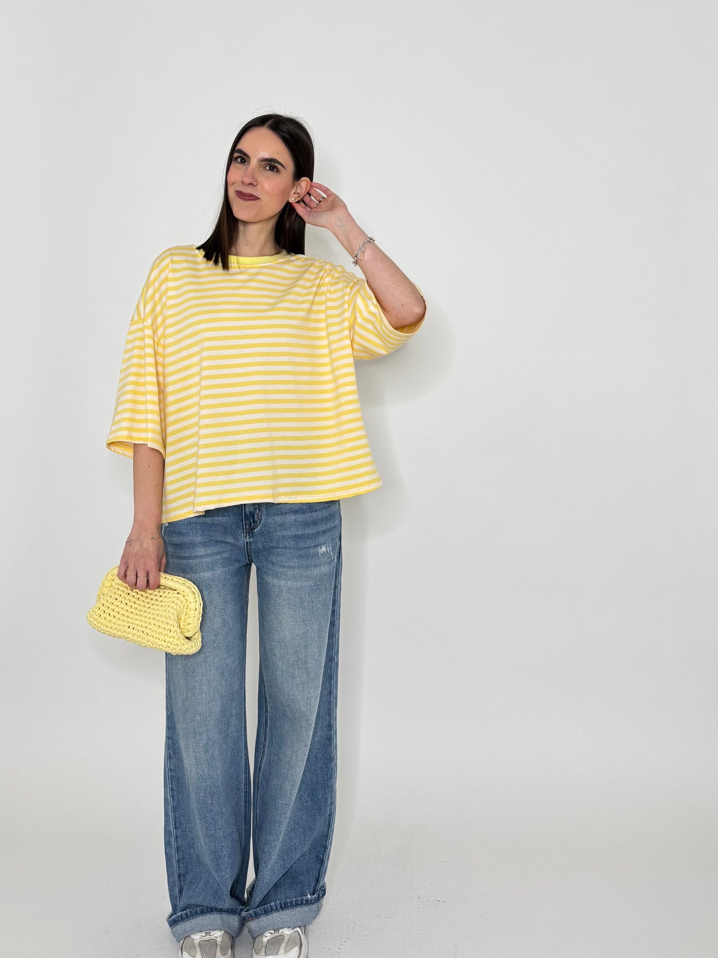 Maglia Felpa a righe light cotton in cotone Giallo/Bianco