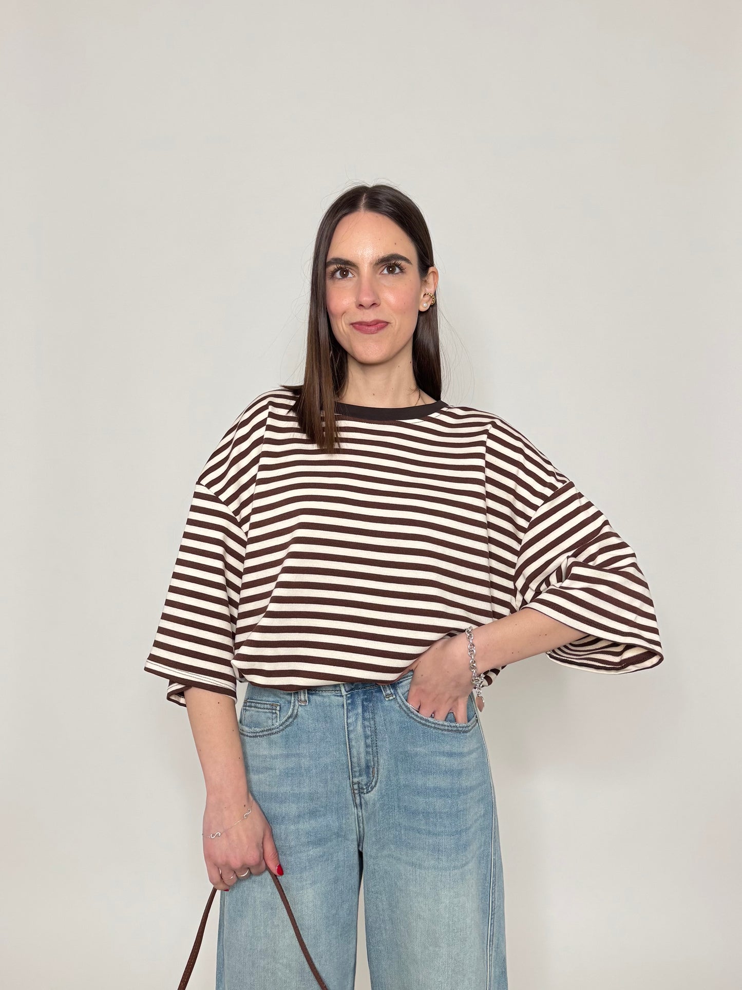 Maglia Felpa a righe light cotton in cotone Cioccolato/Panna