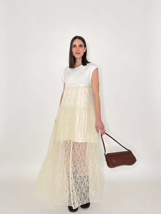 Abito lungo pizzo in cotone Crema/Bianco