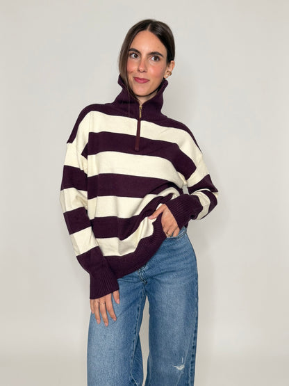 Maglione mezza zip collo alto a righe in morbida viscosa burgundy/panna