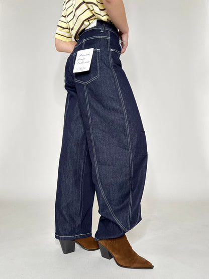 Jeans wide leg barrel con impunture Dark Blu