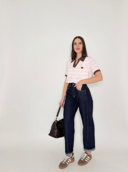 Polo maniche corte in filo di viscosa a righe rosa e bianco