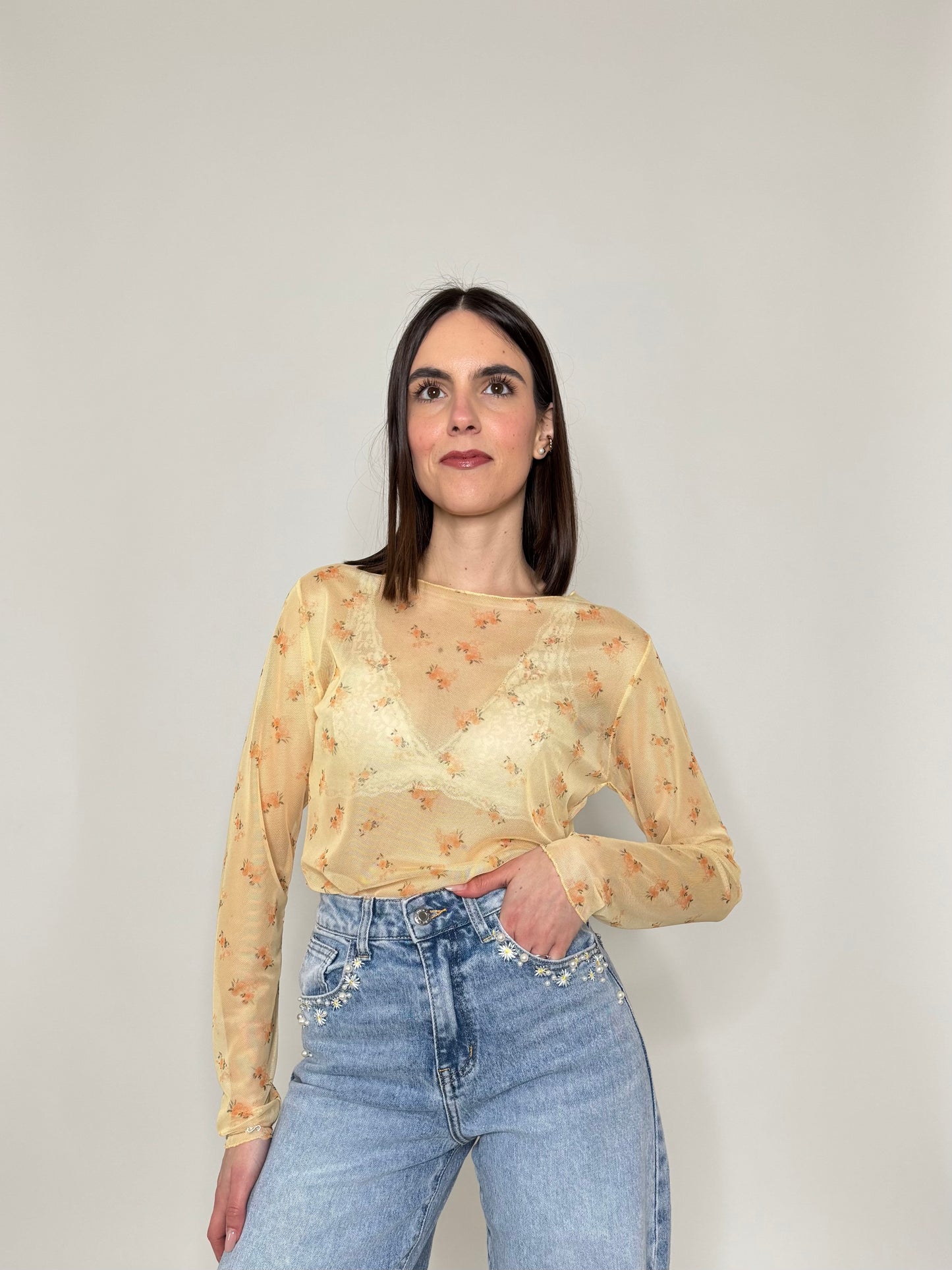 Maglia in tulle con micro fiori Giallo