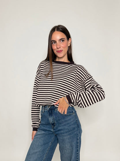 Maglia mille righe fit in morbida viscosa manica lunga coffee