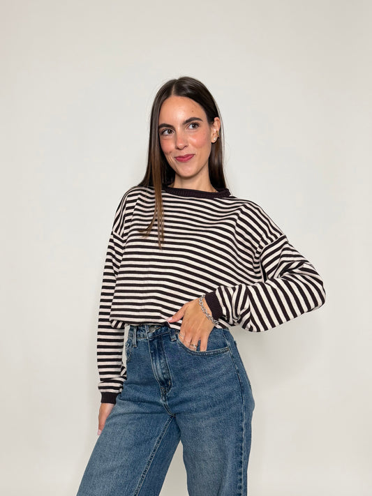 Maglia mille righe fit in morbida viscosa manica lunga coffee