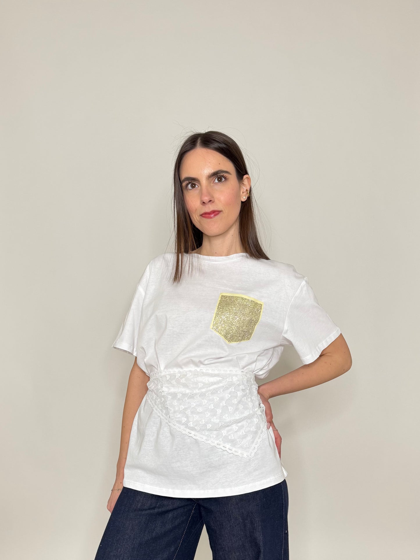 T-shirt in cotone tasca brillantini Giallo