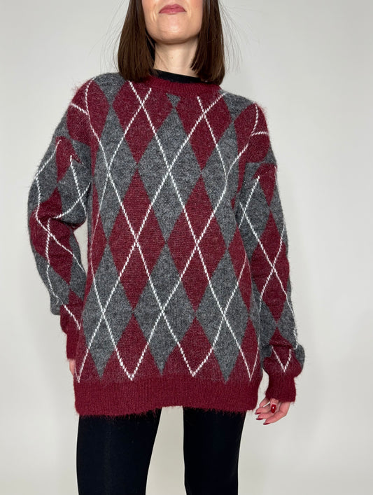 Pullover girocollo a rombi grigio/bordeaux